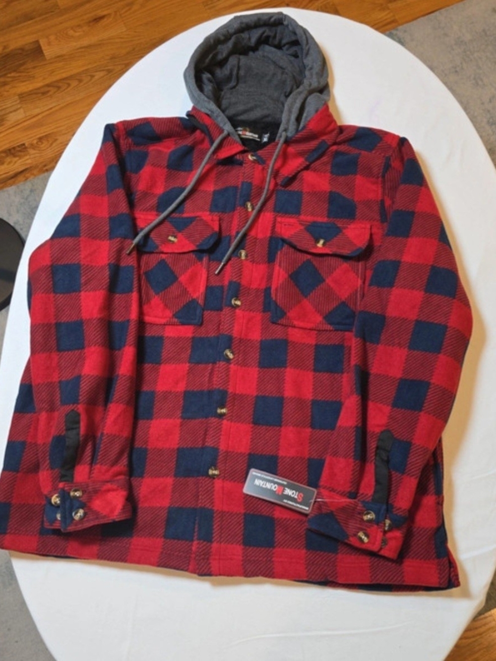 Stone Mountain Navy and Red Plaid Sherpa-Lined Hooded Flannel Jacket Size XL